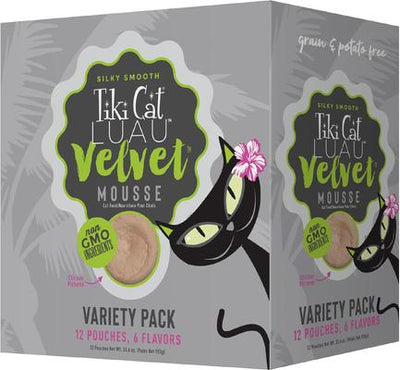 Bundle: Tiki Cat Velvet Mousse Variety Pack Grain-Free Wet Cat Food, 2.8-oz pouch, case of 12 + Tiki Cat Stix Chicken & Shrimp in Creamy Gravy Grain-Free Wet Cat Treat, 0.5-oz pouch, pack of 6