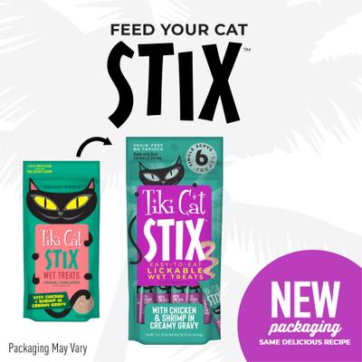 Bundle: Tiki Cat Velvet Mousse Variety Pack Grain-Free Wet Cat Food, 2.8-oz pouch, case of 12 + Tiki Cat Stix Chicken & Shrimp in Creamy Gravy Grain-Free Wet Cat Treat, 0.5-oz pouch, pack of 6