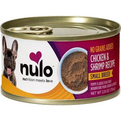 Nulo, Paté Small Breed Chicken & Shrimp, Pollo + Camarón + Camote + Calabaza con L-Carnitina, Sin Granos, Cachorros y Adultos, 79 g × 12 latas