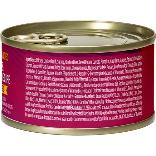 Nulo, Paté Small Breed Chicken & Shrimp, Pollo + Camarón + Camote + Calabaza con L-Carnitina, Sin Granos, Cachorros y Adultos, 79 g × 12 latas