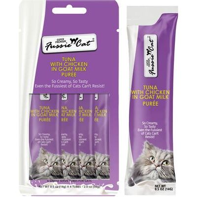 Premios para lamer para gatos de atún premium con pollo en puré de leche de cabra, bolsa de 2 oz, caja de 4