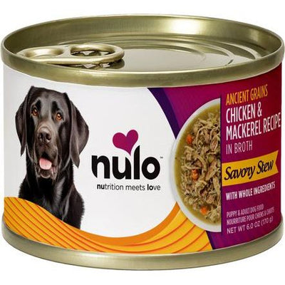 Nulo, Savory Stews Ancient Grains Chicken & Mackerel, Pollo + Caballa + Calabaza + Quinoa Roja en Caldo, Cachorros y Adultos, 170 g × 8 latas