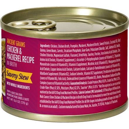 Nulo, Savory Stews Ancient Grains Chicken & Mackerel, Pollo + Caballa + Calabaza + Quinoa Roja en Caldo, Cachorros y Adultos, 170 g × 8 latas