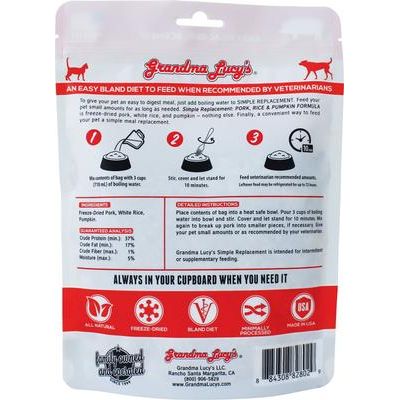 Alimento liofilizado para perros Simple Replacement Pork, Rice & Pumpkin Formula, bolsa de 7 oz
