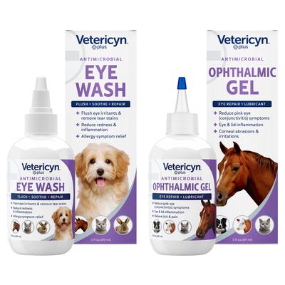 Paquete: Vetericyn Plus Antimicrobial Eye Wash, botella de 3 onzas líquidas + Plus Antimicrobial Ophthalmic Gel para mascotas, botella de 3 onzas líquidas