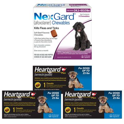 Bundle: Heartgard Plus Chew, 26-50 lbs, (Green Box), 3 Chew (3-mo. supply) + NexGard Chew for Dogs, 4-10 lbs, (Orange Box), 3 Chews (3-mos. supply)