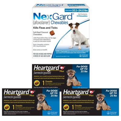Bundle: Heartgard Plus Chew, 26-50 lbs, (Green Box), 3 Chew (3-mo. supply) + NexGard Chew for Dogs, 4-10 lbs, (Orange Box), 3 Chews (3-mos. supply)
