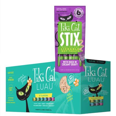 Bundle: Tiki Cat Stix Duck in Creamy Gravy Grain-Free Wet Cat Treat, 3-oz pouch, pack of 6 + Tiki Cat Queen Emma Luau Variety Pack Grain-Free Canned Cat Food, 2.8-oz, case of 12