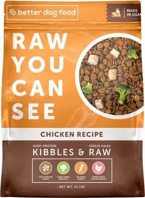 Comida para perros cruda liofilizada y croquetas ricas en proteínas con receta de pollo "Raw You Can See", bolsa de 15 lb