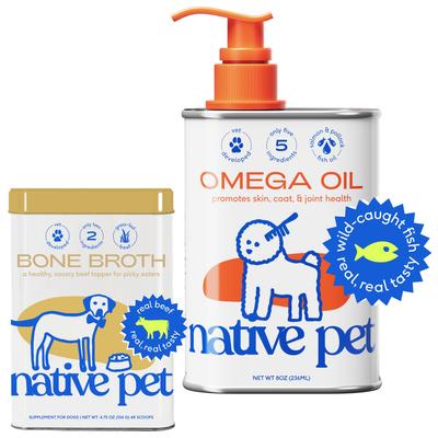 Bundle: Native Pet Beef Bone Broth Powder Food Topper, 4.75-oz + Omega 3 Fish Oil Skin & Coat Health Dog Supplement, 8-oz