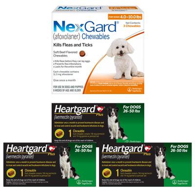 Bundle: Heartgard Plus Chew, 26-50 lbs, (Green Box), 3 Chew (3-mo. supply) + NexGard Chew for Dogs, 4-10 lbs, (Orange Box), 3 Chews (3-mos. supply)
