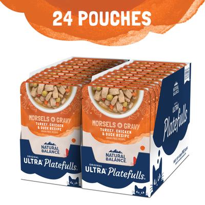Comida para gatos sin cereales Platefulls Turkey, Chicken & Duck Formula en salsa, bolsitas de 3 oz, caja de 24