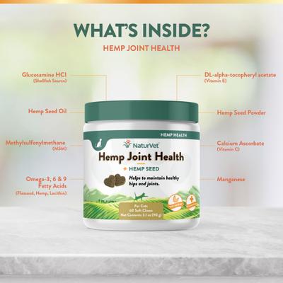 NaturVet, Hemp Soft Chews Joint, masticables articulares con glucosamina, MSM y cáñamo para gatos, 60 unidades