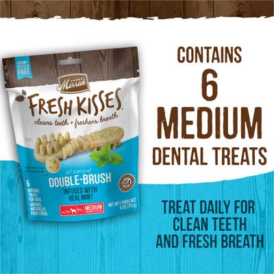 Fresh Kisses Double-Brush Mint Breath Strip Infused Medium Dental Dog Treats, 6 count