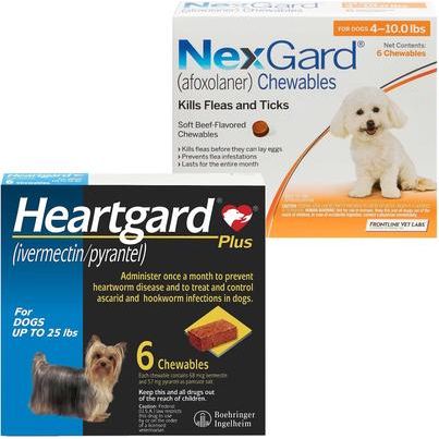 Paquete: Heartgard Plus Chew para perros, 51-100 lbs, (Caja marrón), 6 masticables (suministro para 6 meses) y NexGard Chew para perros, 60.1-121 lbs, (Caja roja), 6 masticables (suministro para 6 meses)