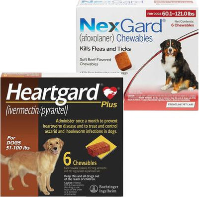 Bundle: Heartgard Plus Chew for Dogs, 51-100 lbs, (Brown Box), 6 Chews (6-mos. supply) & NexGard Chew for Dogs, 60.1-121 lbs, (Red Box), 6 Chews (6-mos. supply)