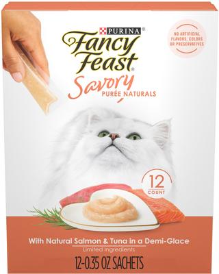 Savory Puree Naturals Salmon & Tuna Flavored in a Demi-Glace Squeezable Lickable Adult Cat Treats, 0.32-oz tube, case of 12