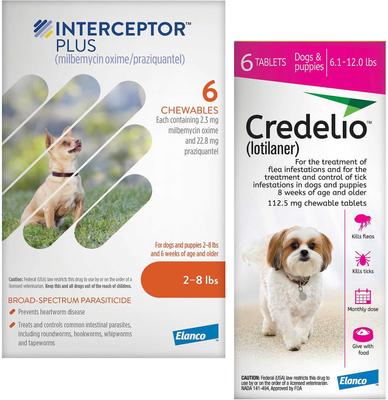 Bundle: Interceptor Plus Chew for Dogs, 2-8 lbs, (Orange Box), 6 Chews (6-mos. supply) & Credelio Chewable Tablet for Dogs, 6.1-12 lbs, (Pink Box), 6 Chewable Tablets (6-mos. supply)