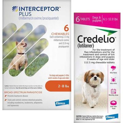Paquete: Tableta masticable Interceptor Plus para perros, de 2 a 8 lb (caja naranja), 6 tabletas masticables (suministro para 6 meses) y tableta masticable Credelio para perros, de 6.1 a 12 lb (caja rosa), 6 tabletas masticables (suministro para 6 meses)