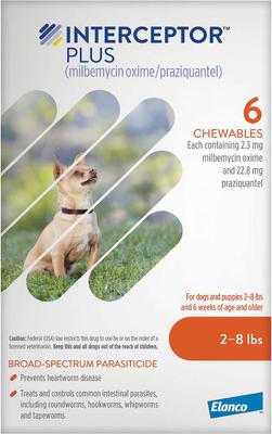 Bundle: Interceptor Plus Chew for Dogs, 2-8 lbs, (Orange Box), 6 Chews (6-mos. supply) & Credelio Chewable Tablet for Dogs, 6.1-12 lbs, (Pink Box), 6 Chewable Tablets (6-mos. supply)