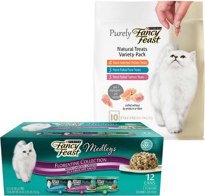 Bundle: Fancy Feast Medleys Florentine Collection Pack Canned Cat Food, 3-oz, case of 12 + Purely Natural Variety Pack Cat Treats, 1.06-oz pouch