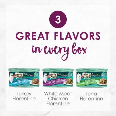 Bundle: Fancy Feast Medleys Florentine Collection Pack Canned Cat Food, 3-oz, case of 12 + Purely Natural Variety Pack Cat Treats, 1.06-oz pouch