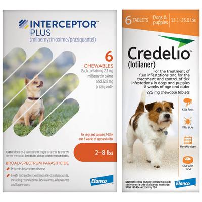Paquete: Tableta masticable Interceptor Plus para perros, de 2 a 8 lb (caja naranja), 6 tabletas masticables (suministro para 6 meses) y tableta masticable Credelio para perros, de 6.1 a 12 lb (caja rosa), 6 tabletas masticables (suministro para 6 meses)