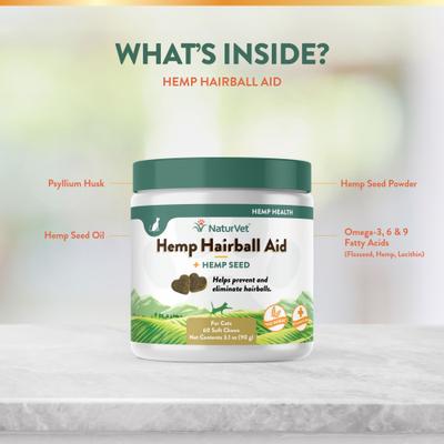 NaturVet, Hemp Cat Hairball Aid, masticables con psyllium, semilla de cáñamo y omegas para eliminar bolas de pelo en gatos, 60 unidades