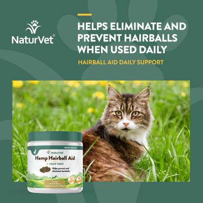 NaturVet, Hemp Cat Hairball Aid, masticables con psyllium, semilla de cáñamo y omegas para eliminar bolas de pelo en gatos, 60 unidades