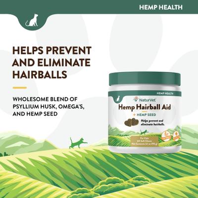 NaturVet, Hemp Cat Hairball Aid, masticables con psyllium, semilla de cáñamo y omegas para eliminar bolas de pelo en gatos, 60 unidades