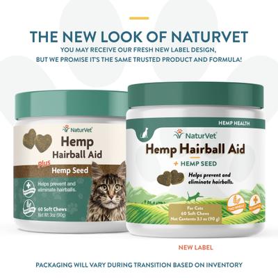 NaturVet, Hemp Cat Hairball Aid, masticables con psyllium, semilla de cáñamo y omegas para eliminar bolas de pelo en gatos, 60 unidades