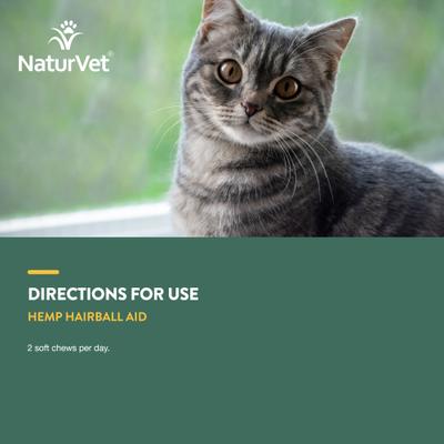 NaturVet, Hemp Cat Hairball Aid, masticables con psyllium, semilla de cáñamo y omegas para eliminar bolas de pelo en gatos, 60 unidades