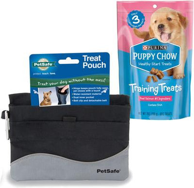 Bundle: PetSafe Mini Treat Pouch, Black & Puppy Chow Healthy Start Salmon Flavor Training Dog Treats