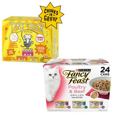 Bundle: Tiny Tiger Chunks in Gravy Beef & Poultry Recipes Grain-Free Canned Food + Fancy Feast Grilled Poultry & Beef Feast Canned Cat Food