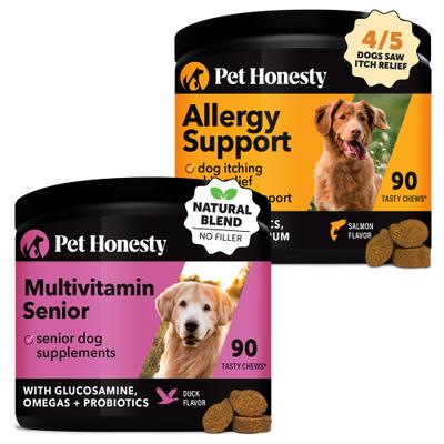 Bundle: Pet Honesty Duck Flavored Soft Chews Multivitamin for Senior Dogs + Allergy Support Salmon Flavored Soft Chews Allergy Supplement