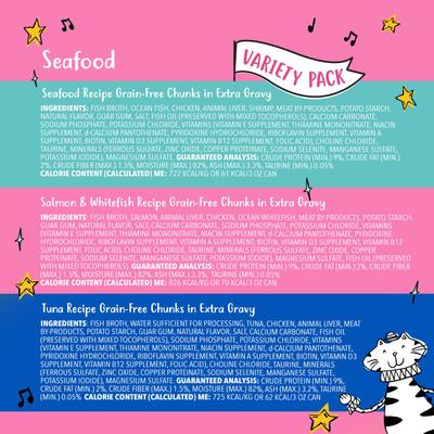 Grain-Free Chunks in EXTRA Gravy Seafood Recipes Variety Pack Canned Cat Food, 3-oz can, case of 24