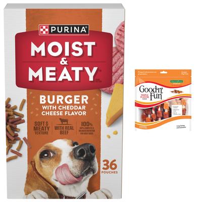 Bundle: Moist & Meaty Burger with Cheddar Cheese Flavor Dry Food + Good 'n' Fun Triple Flavor Kabobs Chicken, Duck & Chicken Liver Dog Chews