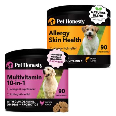 Bundle: Pet Honesty Allergy Skin Health Salmon Flavored Soft Chews Skin & Coat Supplement + 10-for-1 Chicken Flavored Soft Chews Multivitamin for Dogs