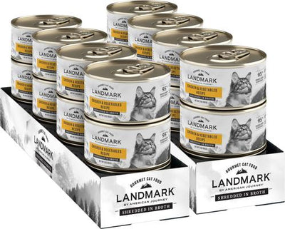 Comida enlatada para gatos Landmark Chicken & Vegetables Recipe in Broth sin cereales, lata de 3 oz, caja de 24