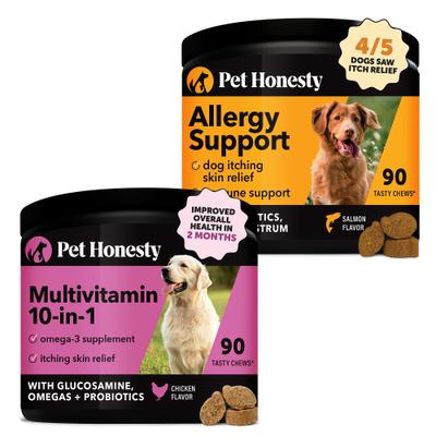 Bundle: Pet Honesty Allergy Relief Snacks Immunity Strength & Digestive Health Soft Chews Dog Supplement, 90 count & Pet Honesty 10-for-1 Multivitamin with Glucosamine Snacks Soft Chews Dog Supplement, 90 count