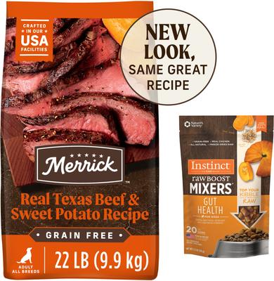 Paquete: Alimento seco para adultos sin cereales Merrick Real Texas Beef + Sweet Potato Recipe + Complemento para alimento para perros Instinct Freeze-Dried Raw Boost Mixers con receta para la salud intestinal sin cereales