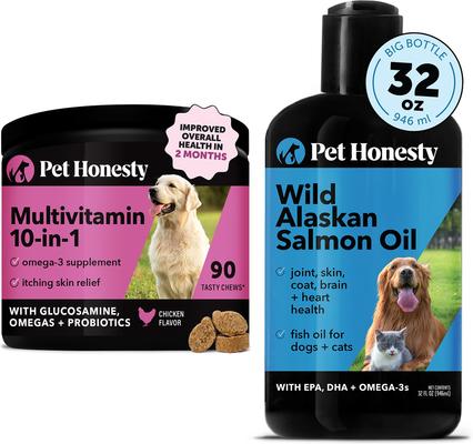 Bundle: Pet Honesty 10-for-1 Multivitamin with Glucosamine Soft Chews Dog Supplement, 90 count + Pet Honesty Wild Alaskan Salmon Oil Dog & Cat Supplement, 32-oz bottle