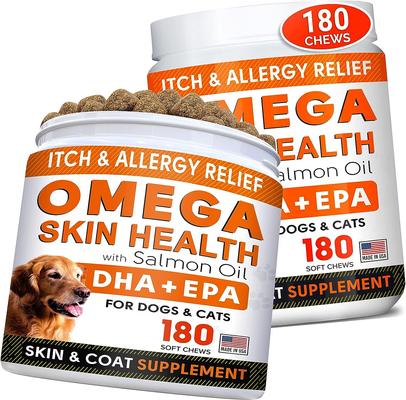 Allergy Relief & Itch Relief with Omega 3 Skin & Coat with Salmon Oil Chew Supplement for Dogs, 180 count