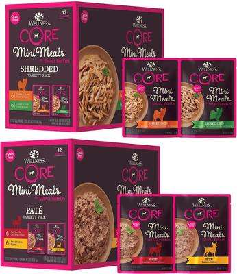 Bundle: Wellness CORE Mini Meals Chicken & Turkey, Chicken & Lamb Shredded Variety Pack + Beef & Chicken, Chicken Pate Variety Pack Dog Food Pouches