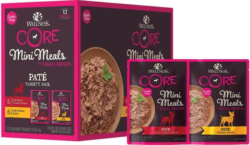 Bundle: Wellness CORE Mini Meals Chicken & Turkey, Chicken & Lamb Shredded Variety Pack + Beef & Chicken, Chicken Pate Variety Pack Dog Food Pouches