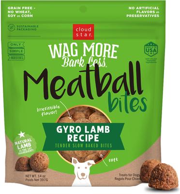 Golosinas para perros sin cereales Wag More Bark Less Meatball Bites Gyro Lamb Recipe, bolsa de 14 oz