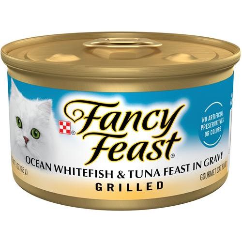 Festín de atún y pescado blanco de océano a la parrilla en salsa, comida enlatada para gatos, 3 oz, caja de 24
