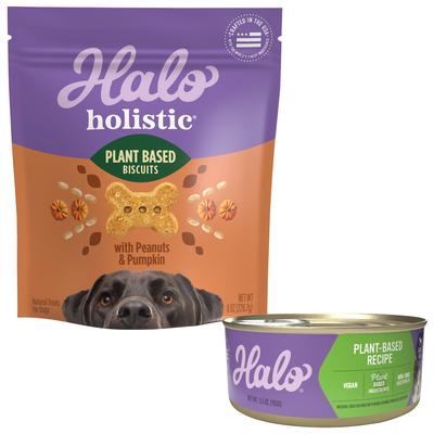 Paquete: Alimento enlatado para perros adultos Halo Holistic Garden of Vegan Recipe + Galletas veganas sin cereales saludables con golosinas de cacahuete y calabaza