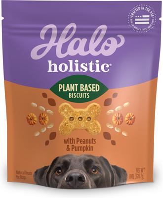 Paquete: Alimento enlatado para perros adultos Halo Holistic Garden of Vegan Recipe + Galletas veganas sin cereales saludables con golosinas de cacahuete y calabaza