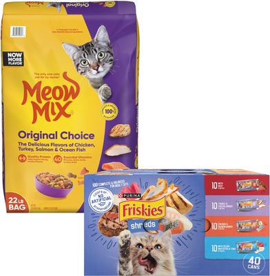 Bundle: Meow Mix Original Choice Dry Food + Friskies Shreds in Gravy Variety Pack Canned Cat Food